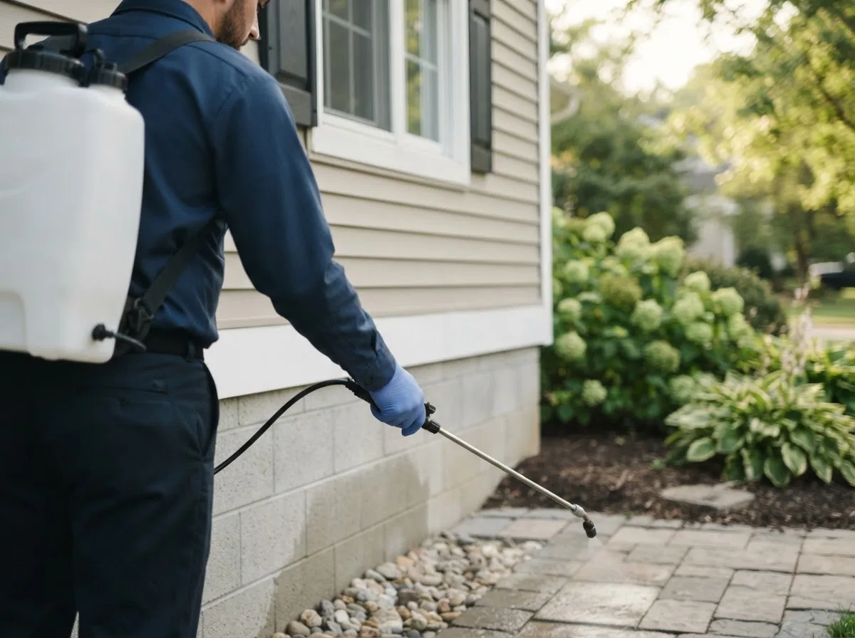Pest control technician inspecting a home in Goodwine, IL